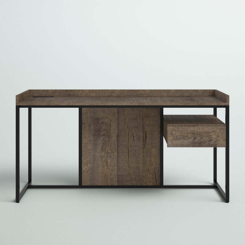 Lochlan Metal Base Writing Desk with Power Outlet, Rustic Oak 