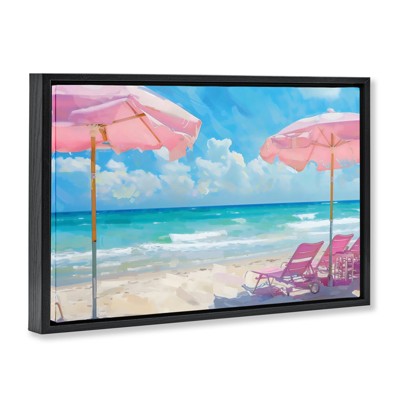 Cadre flottant rose avec parasols de plage, design par LSR Design Studio, Cadre flottant noir de jais, H 17 po x l 25 po