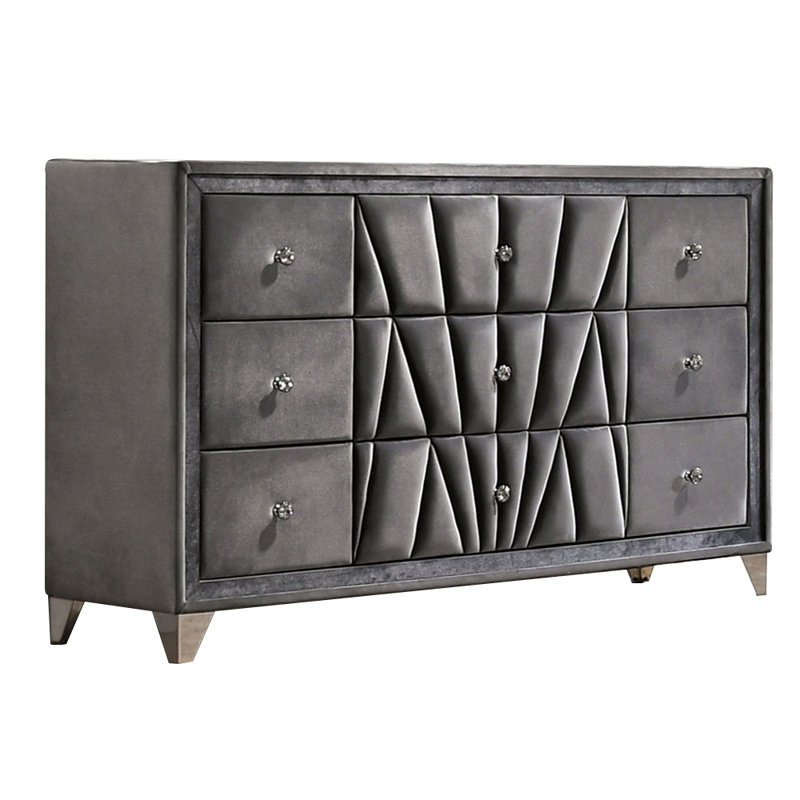 Commode 9 tiroirs en tissu avec accents capitonnés et bouton en acrylique, Gray