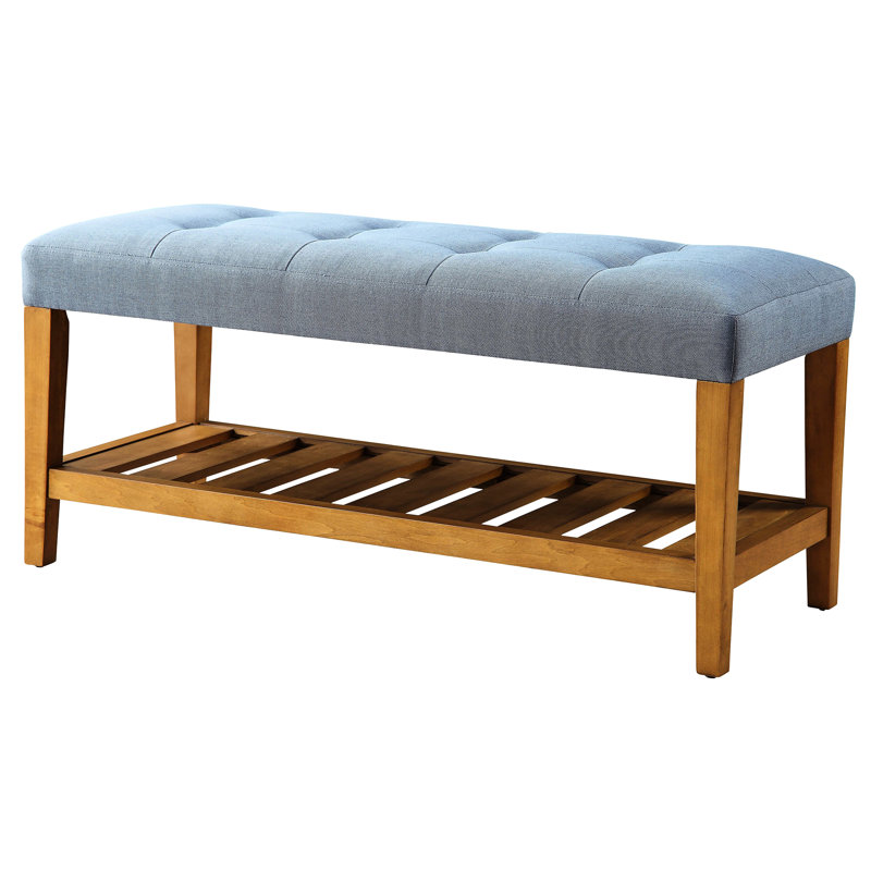 Blue Fabric Bench With Oak Shelf And Comfortable Seating Modern Seat Padding