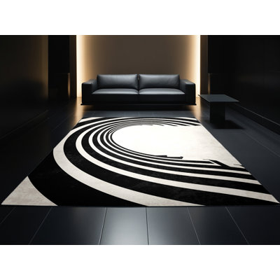 Tapis art déco lavable à la machine Pavla en gris - reliure noire