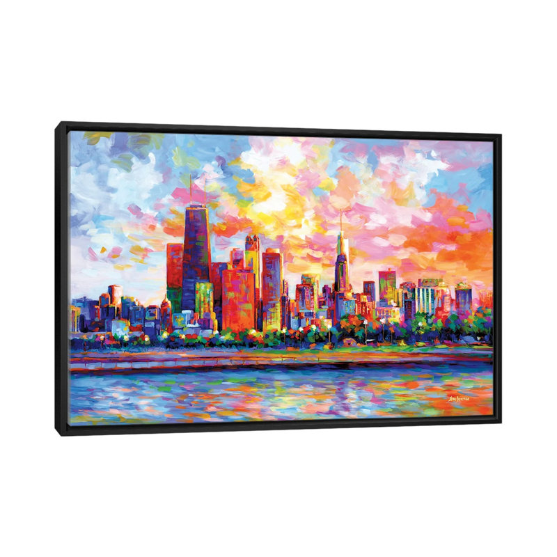 Chicago Skyline by Leon Devenice iCanvas, Black Floater Frame Canvas, 32" H x 48" W x 1.5" D
