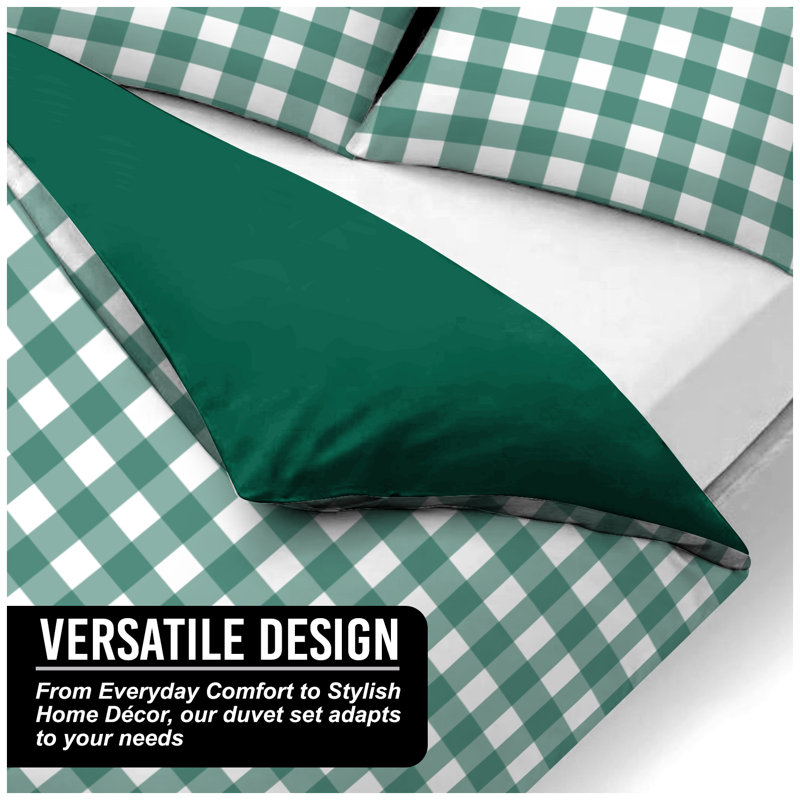 Luxury Gingham Microfibre Duvet Cover Set with Pillowcases Soft Breathable Easy Care Bedding All Sizes, Forest