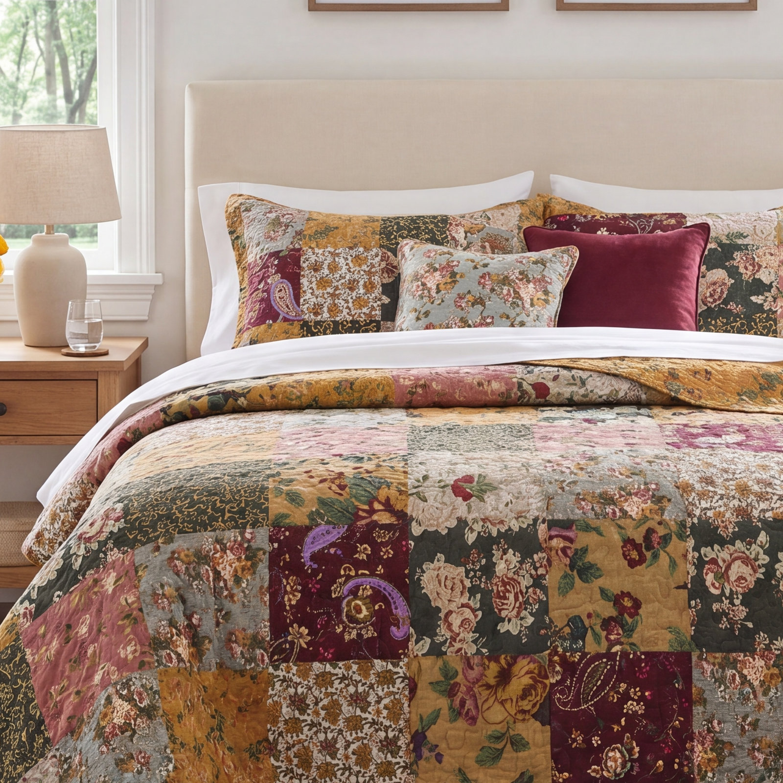 Antique Cotton Bedspread Set, King Quilt + 2 Shams + 2 Throw Pillows