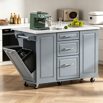 Îlot de cuisine roulant avec rangement Armoire pour poubelle inclinable, organisateur d'armoire coulissant, abattant, 2 tiroirs, 1 armoire et 5 roulettes