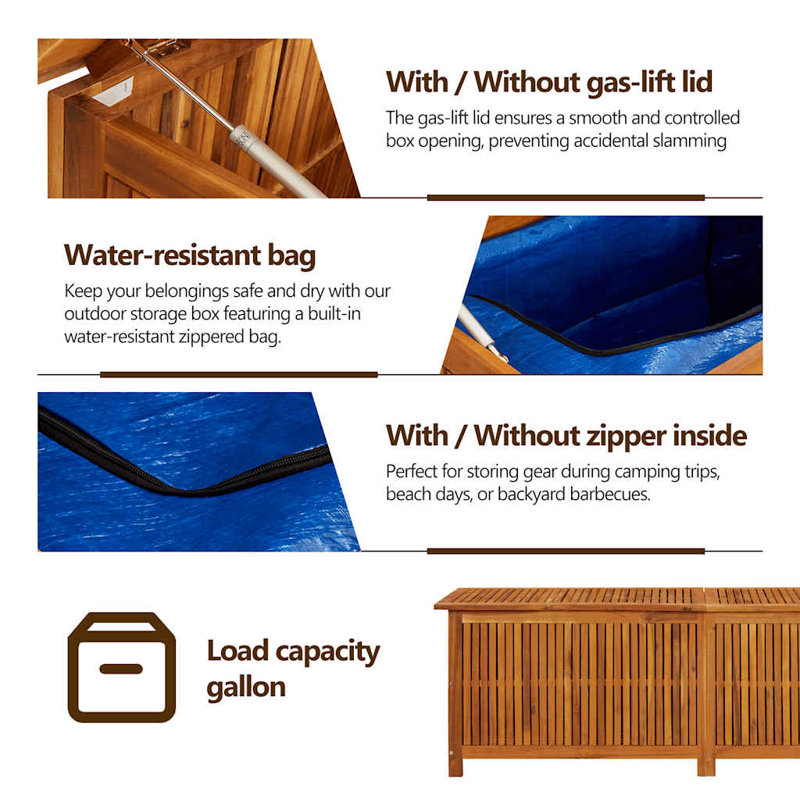 Large Acacia Wood Outdoor Storage Deck Box with Water-Resistant Lining
