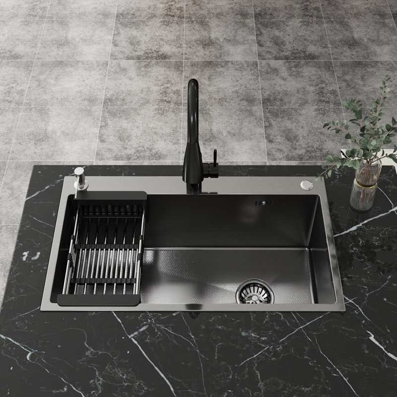 Drop-in Single Bowl Kitchen Sink With Black Honeycomb Finish & Full Accessories Kit - 304 Stainless Steel Pvd Vacuum Coating, Includes Faucet, Soap Dispenser, Drain & Supply Lines, 32 Inch