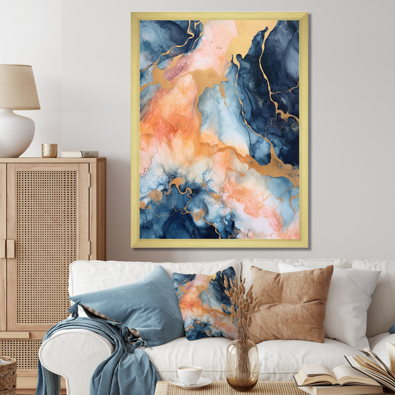 Nuage de marbre bleu et beige - impression, H 44 po x l 34 po x P 1,5 po, Cadre doré à une seule photo