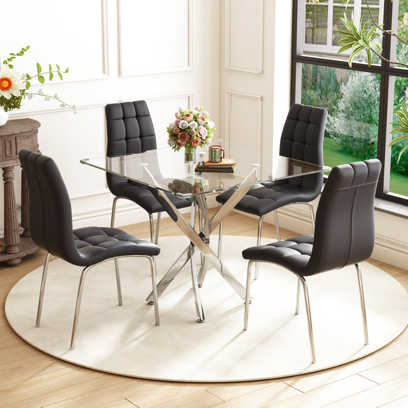 5 - Piece Pedestal Dining Set, Silver, Black/Silver