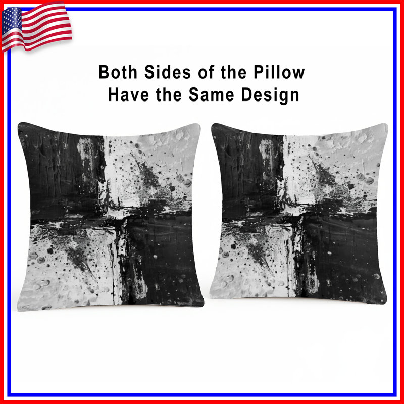 Peinture abstraite noire et blanche, coussins décoratifs double face, 16 po x 16 po