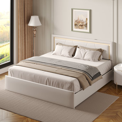 Queen Bed Frame With 4 Storage Drawers, Led Lights And Usb Ports, Upholstered Platform Bed Solid Wooden Slats Support, Beige