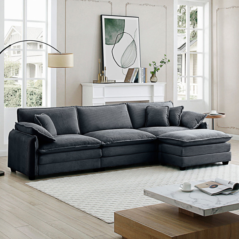 Canapé modulaire surdimensionné à 3 places avec repose-pieds et canapé en L avec repose-pieds, Velours côtelé gris