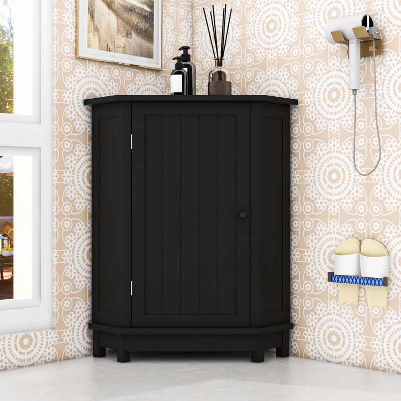 Wood Bathroom Corner Storage Cabinet with Adjustable Shelves, Black