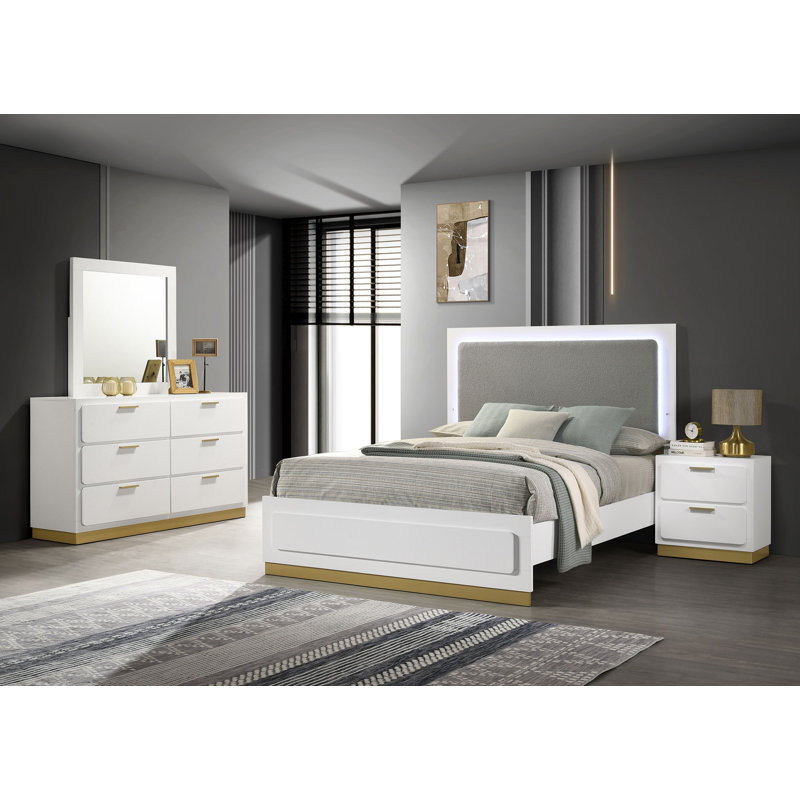 Freret Piece Bedroom Set, Black, 5 Pcs: Bed, Nightstand, 2 Dressers, Mirror, California King