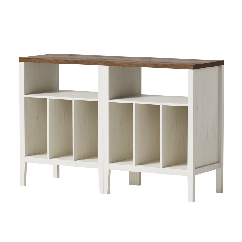 Farmhouse Wood  Record Player Stand  For Bedroom, Living Room, Rustic White/Honey Brown