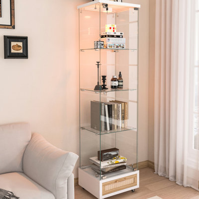 Stylish Four - Tier Tempered Glass Bookshelf With Drawer, 13 Colour Led Lights And Sliding Wheels For Office Use Antique Quick Assembly Display Cabinet Adjustable Locking Storage Small Living Spaces'