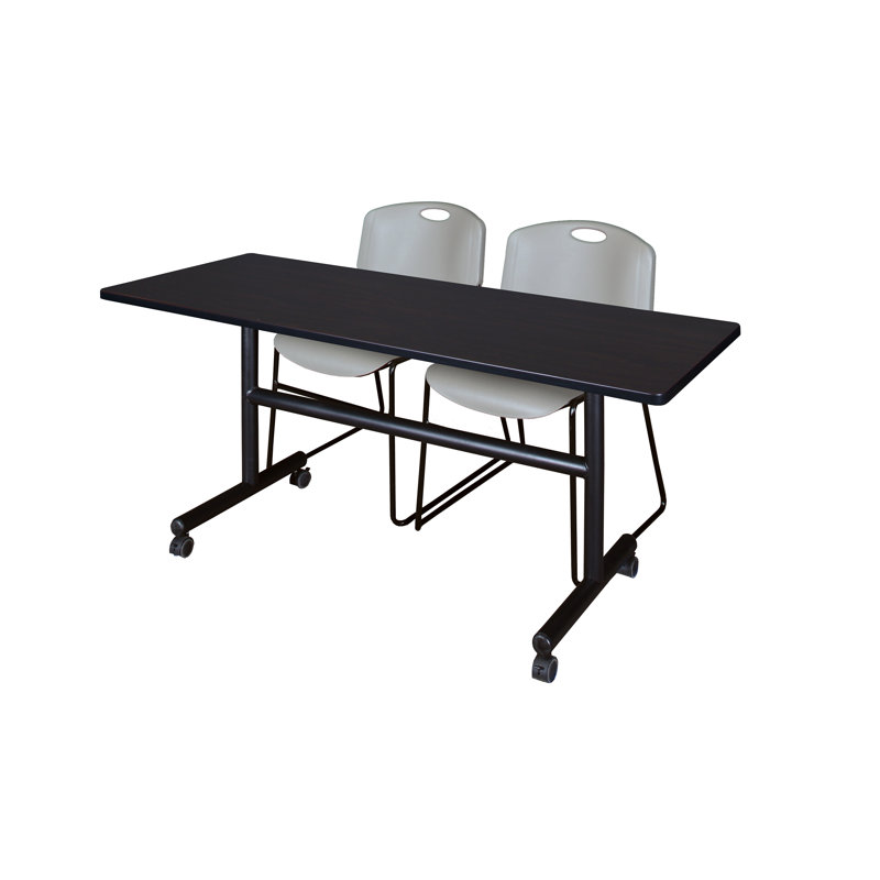 Kobe Flip-Top Training Nesting Table, 2 Zeng Stack Chairs, 29" H x 60" W x 24" D, Grey/Blue
