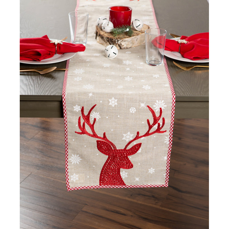 Scarlett 100% Cotton Christmas Table Runner, Red Reindeer, 70" L x 14" W