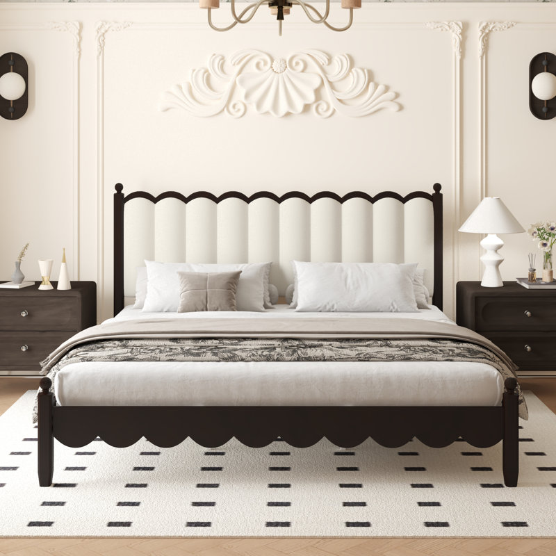 Ines Retro Style Solid Wood Platform Bed Frame with Vegan Leather Upholstered Headboard, White, King