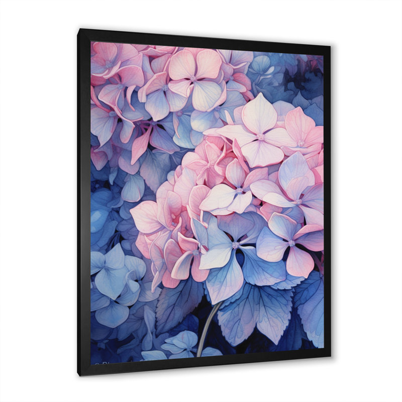 Fleurs d'hortensia roses et bleues sur toile, Cadre photo noir, H 20 po x l 12 po x P 1 po