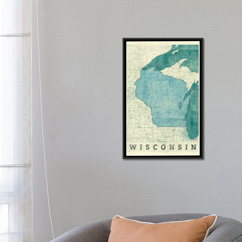 « wisconsin map », impression sur toile, H 26 po x l 18 po x P 1,5 po, Toile avec cadre noir, Pas de tapis