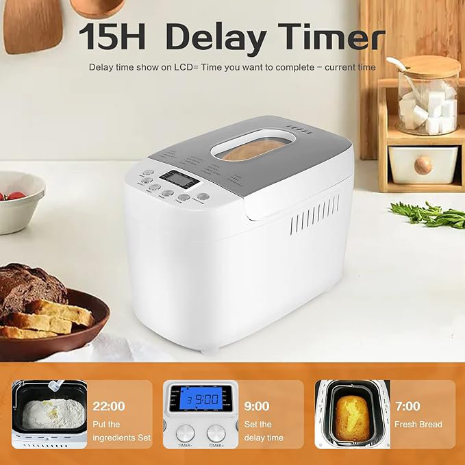 Davivy 15-in-1 Automatic Bread Maker Machine 3.3LB Dough Maker with Nonstick Bowl Jam& Yogurt 3 Loaf Sizes & 3 crust settings 15-H Delay Timer