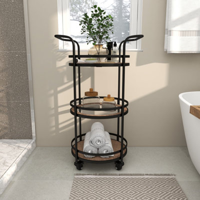 Joolia Metal Rolling 1 Rattan and 2 Glass Shelves Brown Bar Cart with Handles