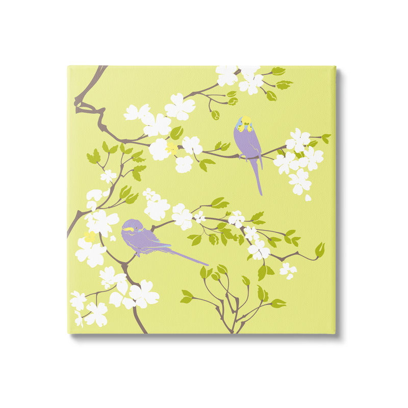 Parakeets & Cherry Blossoms On Canvas par Evelia Designs, H 24 po x l 24 po x P 1,5 po