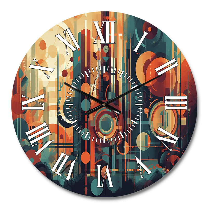 Orange And Blue Abstracted Nostalgia II - Modern Midcentury White Face Wall Clock, Medium