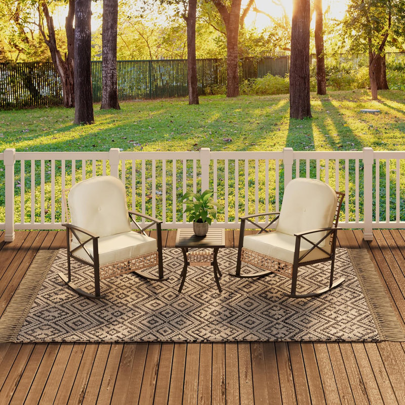 3 Pcs Outdoor Patio  Rocking Rattan Conversation Set Wicker Patio Furniture With Thick Cushions Rocker Chair And 2-Tier Coffee Table For Garden, Porch, Backyard
