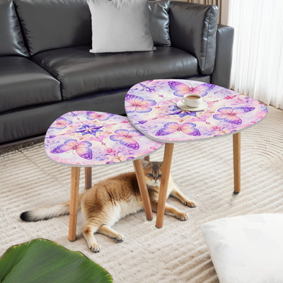 Ensemble de 2 tables basses gigognes triangulaires en forme de papillon, mandala, étoile de cristal, mauve, fantaisie, table de bout, table d'appoint minimaliste moderne pour salon, chambre à coucher