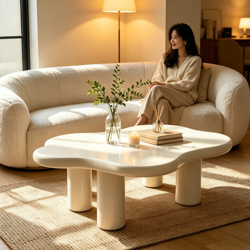 Table centrale unique en bois irrégulière, table basse Cloud de 40 po avec 4 pieds ronds, table basse mignonne pour appartement et salon