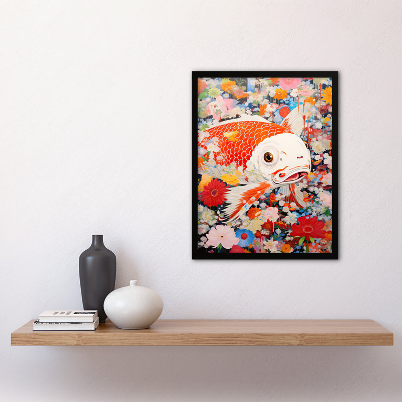 A Fish Out Of Water Japanese Koi Carp Floral Modern - Single Picture Frame Print
