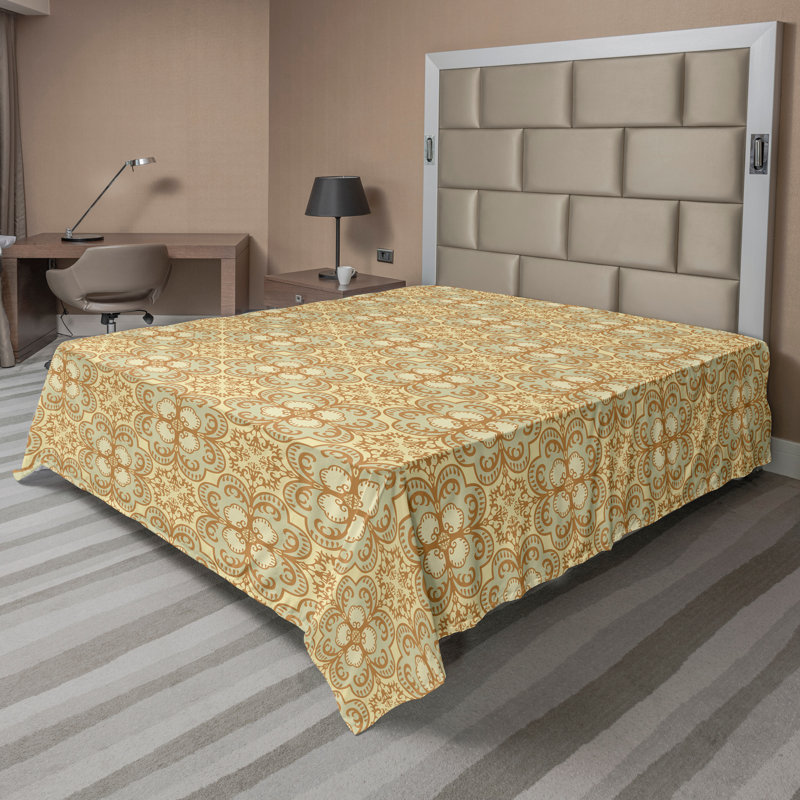 Ambesonne Top Flat Sheet Curving Art, King Flat Sheet, Cream Beige Damask