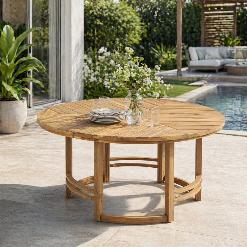 Table de salle à manger d'extérieur ronde en bois d'acacia clair clair avec trou de parasol intégré et plateau à lattes à chevrons