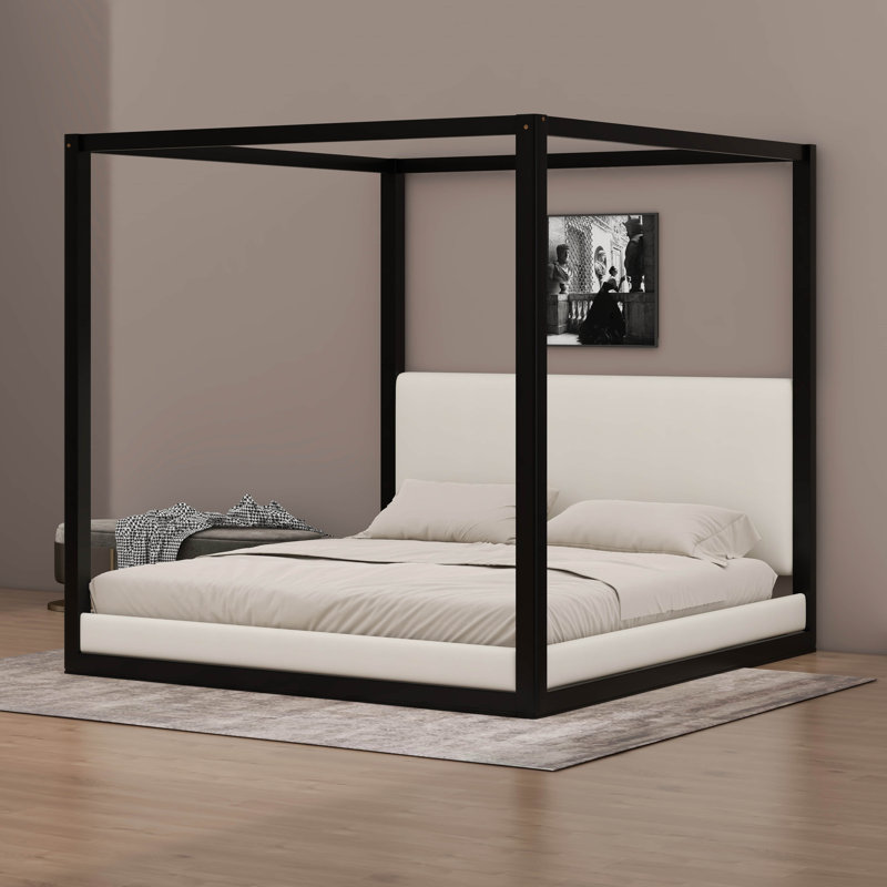 Lit plateforme à baldaquin en bois avec tête de lit tapissier, Queen, Black/White