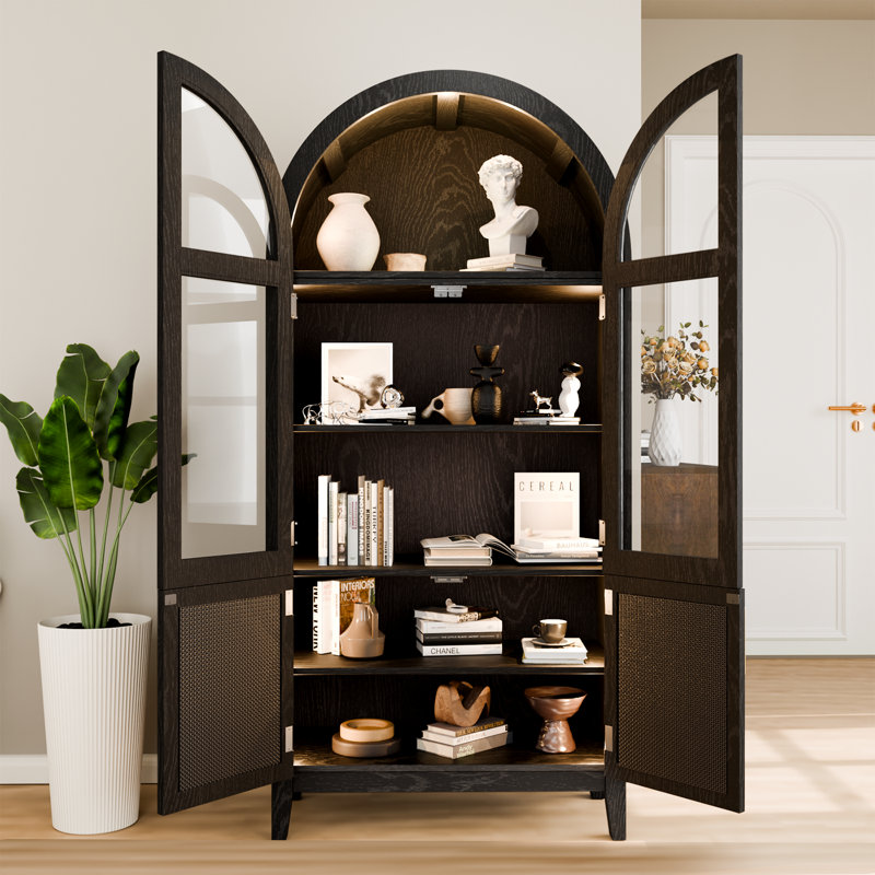74.8" Tall Arched Storage Cabinet, 5-tier Arched Bookcase With Human Body Sensor, 3 Color Lights Display Cabinet With Glass Door For Living Room Office Wood Black