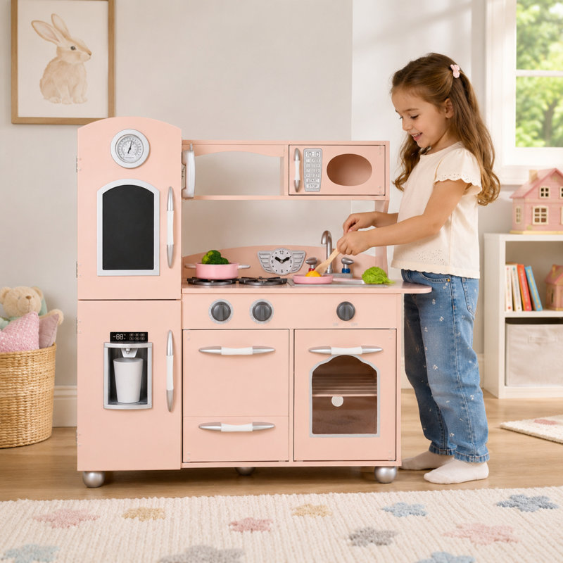 Teamson Kids Retro Wooden Play Kitchen with Chalkboard, Pretend Icemaker & Accessories, Pink