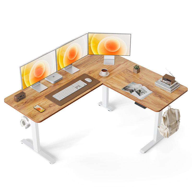 Adjustable L-Shaped Standing Desk, 28.3" H x 63" W x 55" D, Light Walnut/White