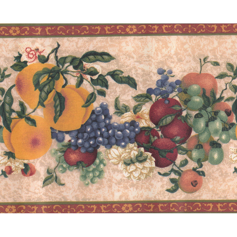 Bordure de papier peint à motif de fruits et de pêche à motif rétro pomme et raisin L 15 pi x l 9 po