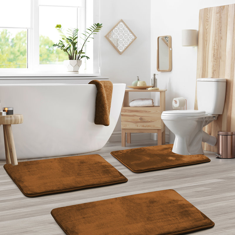 Aighan 3 Piece Ultra Soft and Absorbent Memory Foam Bath Rug Set with Non-Slip Backing, Brown