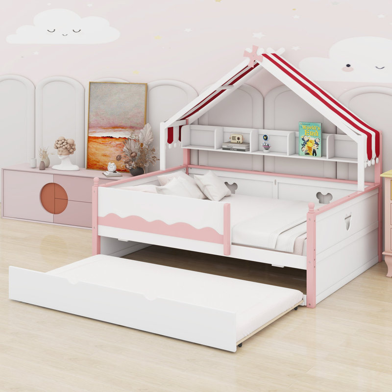 Lit de jour avec tablettes et lit gigogne en forme de maison, White+Pink, Lit double