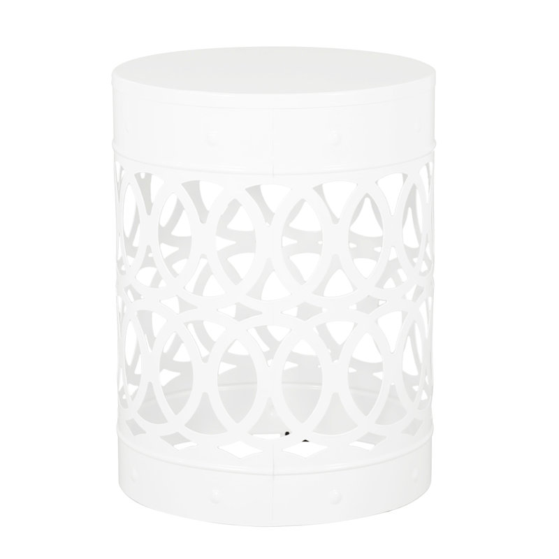 Modern White Iron Outdoor End Table, Large, With Frame Construction Large Metal White, Fashionable Cut Feature, White