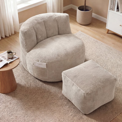 Oversized Adult Bean Bag Chair With Ottoman, Corduroy Fabric Lazy Sofa, Plump Shredded Foam Filled, Soft Fluffy & Portable, Back Support For Napping & Gaming