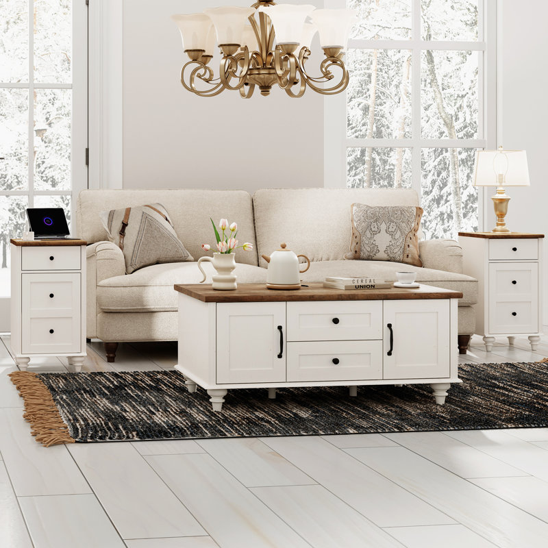 Ensemble de tables basses 2 pièces avec deux tables de bout et une table basse, blanc cassé