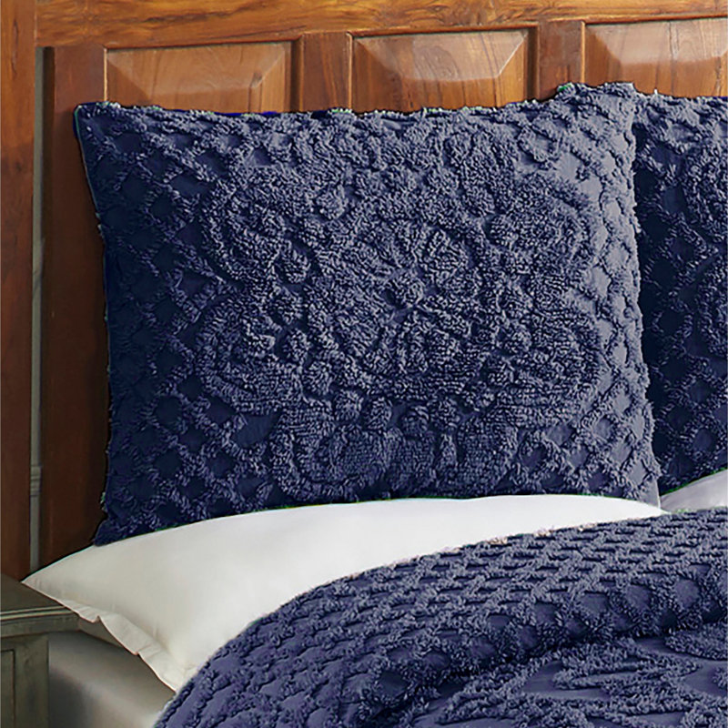 Ensemble de couvre-lit en chenille Trevor pour lit simple, ensemble de couvre-lit 100% coton avec 1 taie décorative standard, literie traditionnelle héritage texturée, confort doux et respirant toutes saisons, certifié OEKO-TEX, bleu marine
