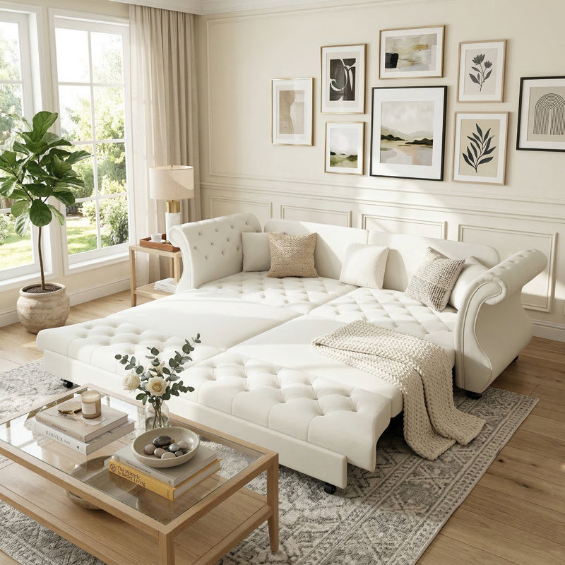 Canapé-lit 98 po très grand Chesterfield, H 34,6 po x l 98 po x P 33 po, Blanc / beige
