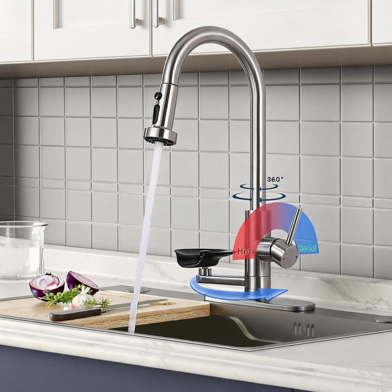 Robinet de cuisine 3-en-1 en nickel brossé avec pulvérisateur rétractable à grande arche et rinçage à pression en verre