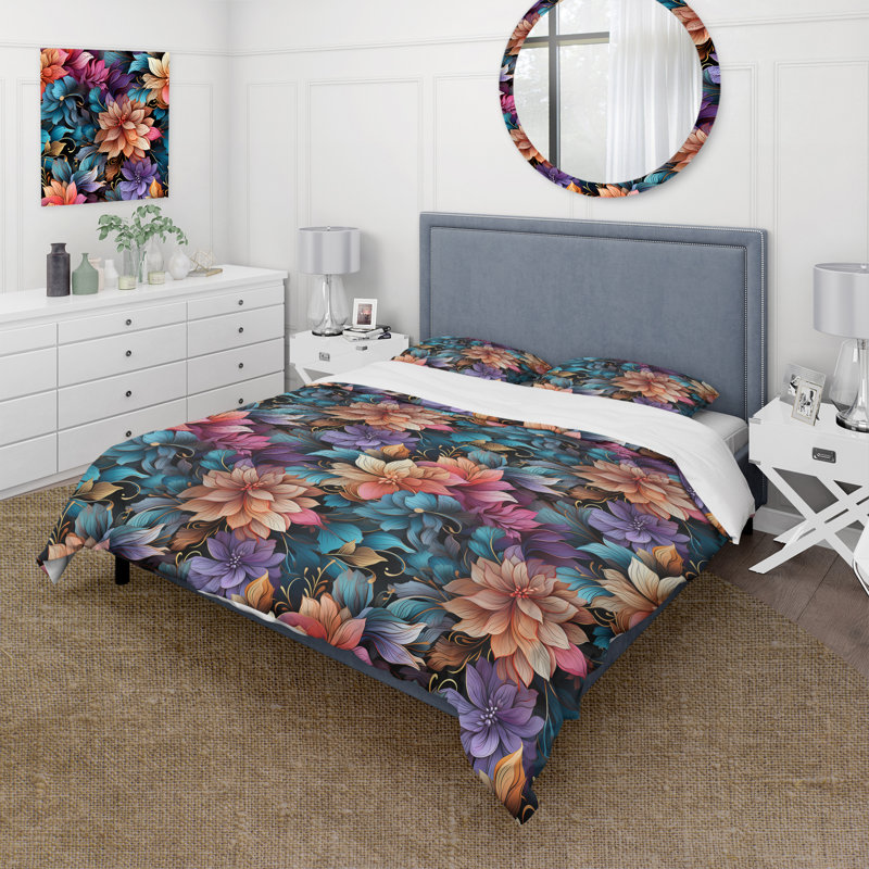 Literie multicolore à motif floral de luxe irisé, Housse de couette simple + 1 taie décorative stan
