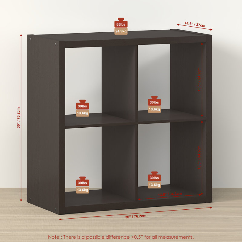 4-Cube Bookcase, Thick Frame, Black Dark Oak, (4 Shelves) 30" H x 30" W x 14.57" D, Dark Oak